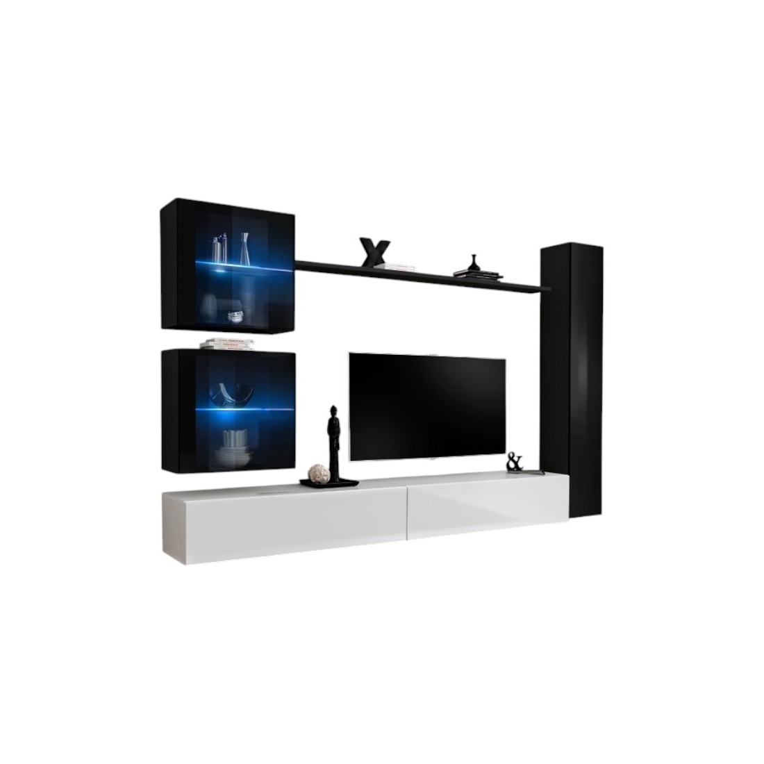 Ensemble meuble salon mural SWITCH XVIII design, coloris blanc et noir brillant.