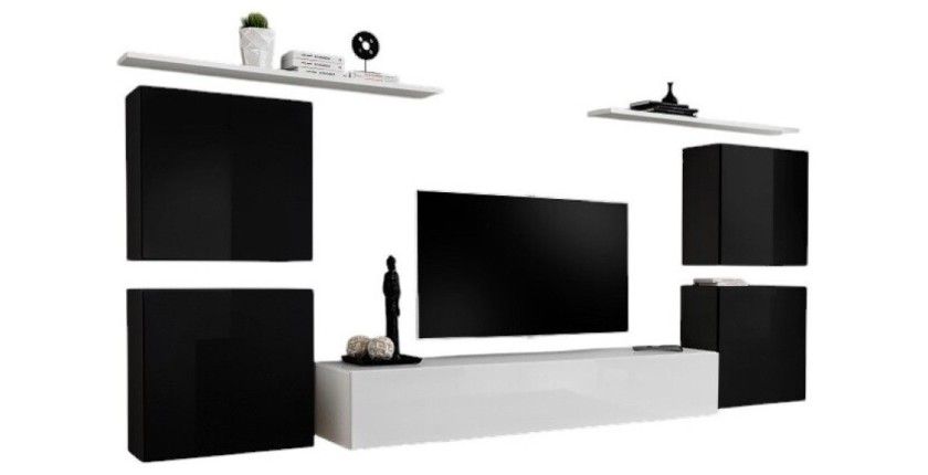 Ensemble meuble salon SWITCH IV design, coloris blanc et noir brillant.
