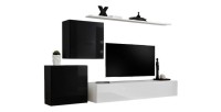 Ensemble meuble salon mural SWITCH V design, coloris blanc et noir brillant.