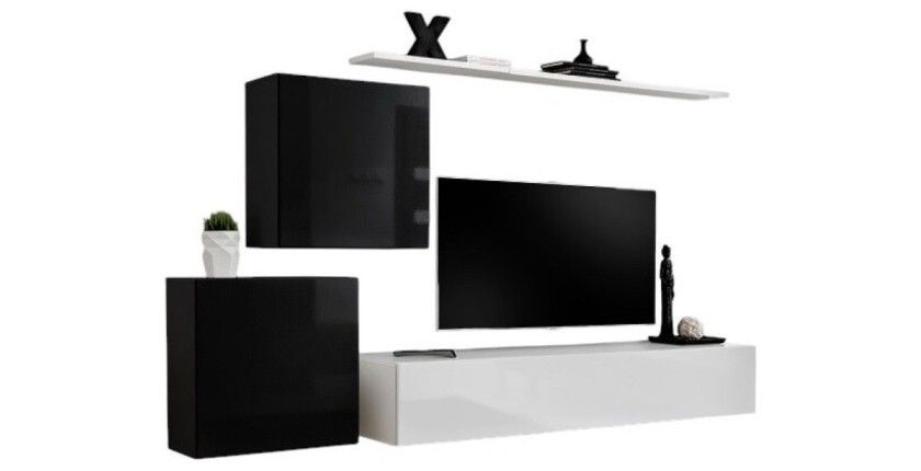 Ensemble meuble salon mural SWITCH V design, coloris blanc et noir brillant.