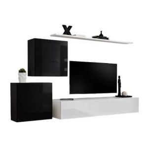 Ensemble meuble salon mural SWITCH V design, coloris blanc et noir brillant.