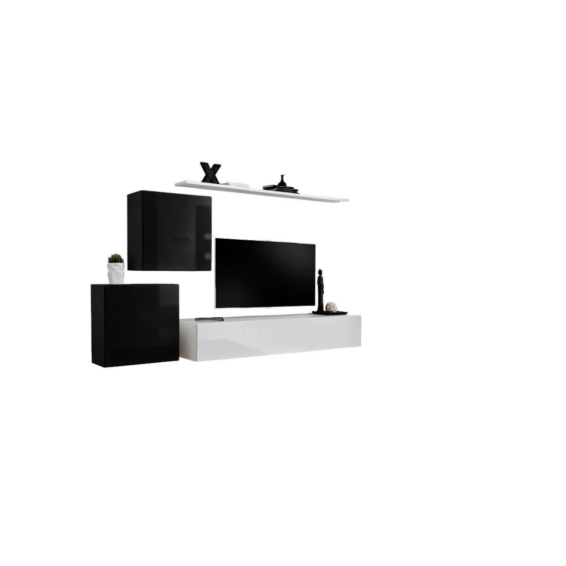 Ensemble meuble salon mural SWITCH V design, coloris blanc et noir brillant.
