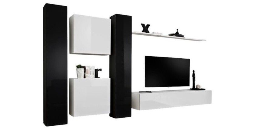 Ensemble meuble salon SWITCH VI design, coloris blanc et noir brillant.