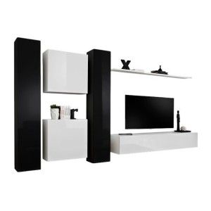 Ensemble meuble salon SWITCH VI design, coloris blanc et noir brillant.
