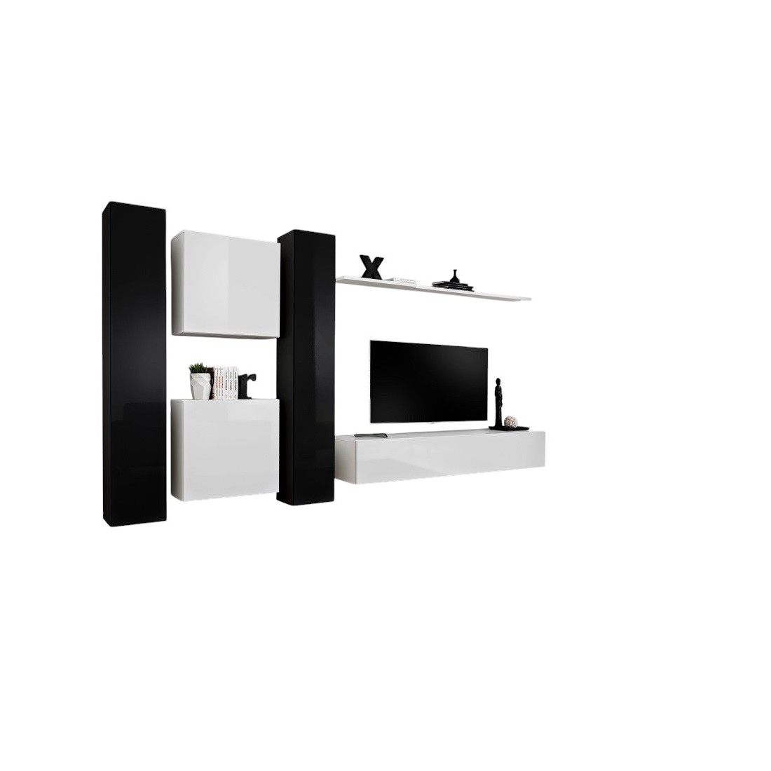 Ensemble meuble salon SWITCH VI design, coloris blanc et noir brillant.