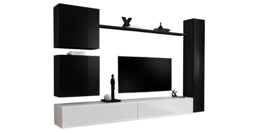 Wandschrank-Set für das Wohnzimmer SWITCH VIII. Design-Wandschrank für Fernseher, in glänzendem Weiß und Schwarz.