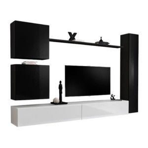 Ensemble meuble salon mural SWITCH VIII.Meuble TV mural design, coloris blanc et noir brillant.