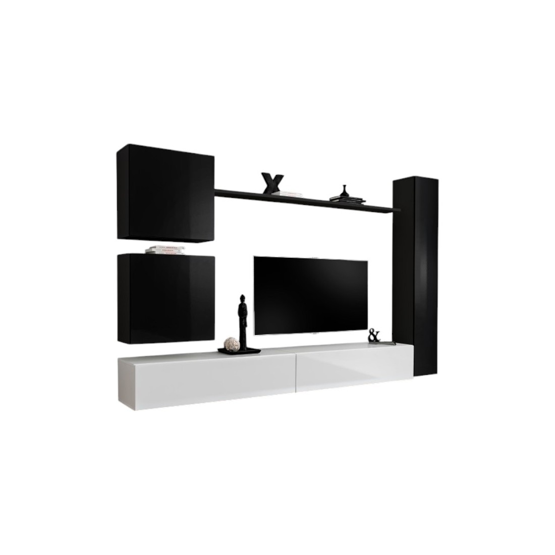 Wandschrank-Set für das Wohnzimmer SWITCH VIII. Design-Wandschrank für Fernseher, in glänzendem Weiß und Schwarz.