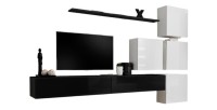 Ensemble meuble salon mural SWITCH IX design, coloris noir et blanc brillant.