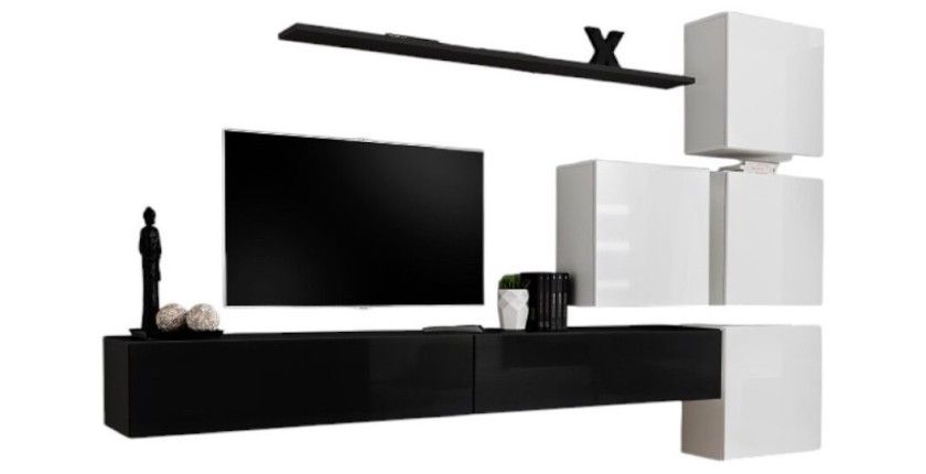 Ensemble meuble salon mural SWITCH IX design, coloris noir et blanc brillant.