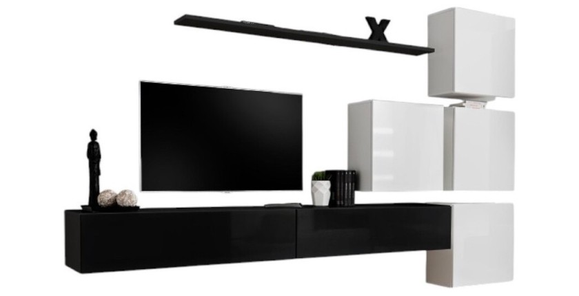 Ensemble meuble salon mural SWITCH IX design, coloris noir et blanc brillant.