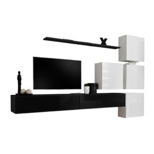 Ensemble meuble salon mural SWITCH IX design, coloris noir et blanc brillant.