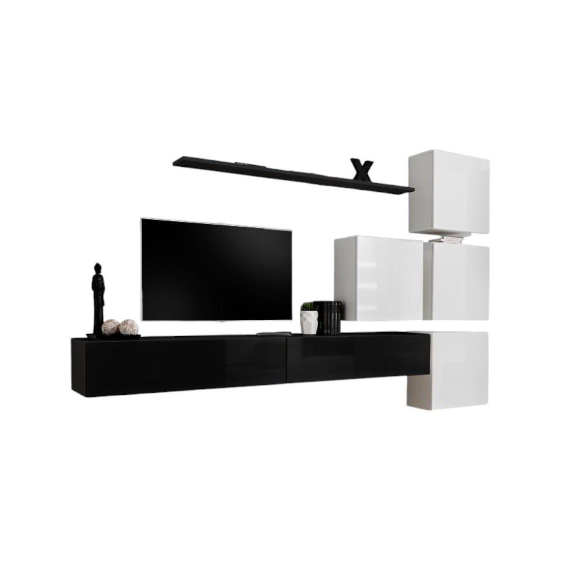 Ensemble meuble salon mural SWITCH IX design, coloris noir et blanc brillant.