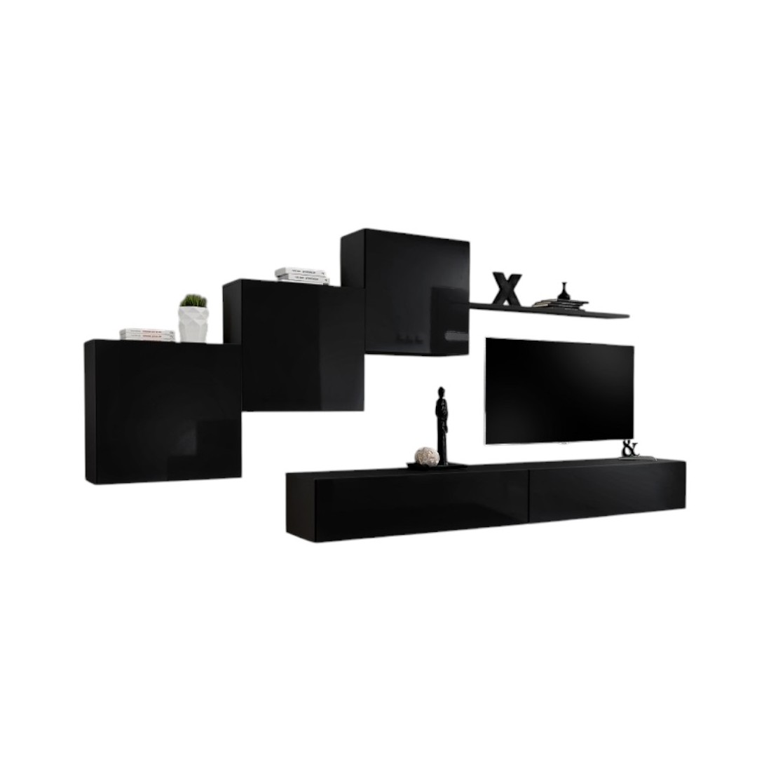 Ensemble meuble salon mural SWITCH X design, coloris noir brillant.