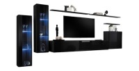 Ensemble meuble salon mural SWITCH XI design, coloris noir brillant.