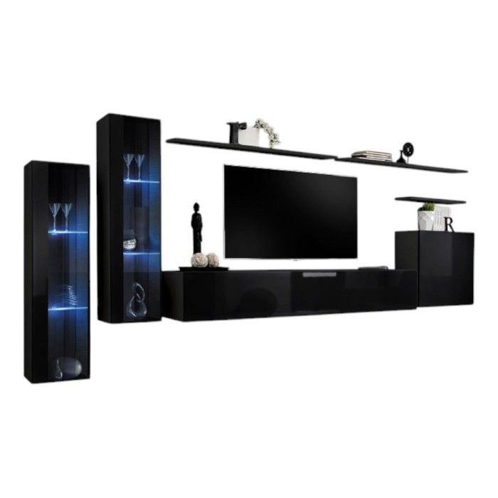 Ensemble meuble salon mural SWITCH XI design, coloris noir brillant.