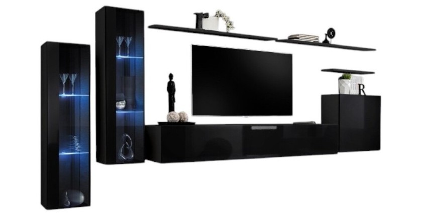 Ensemble meuble salon mural SWITCH XI design, coloris noir brillant.