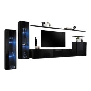 Ensemble meuble salon mural SWITCH XI design, coloris noir brillant.