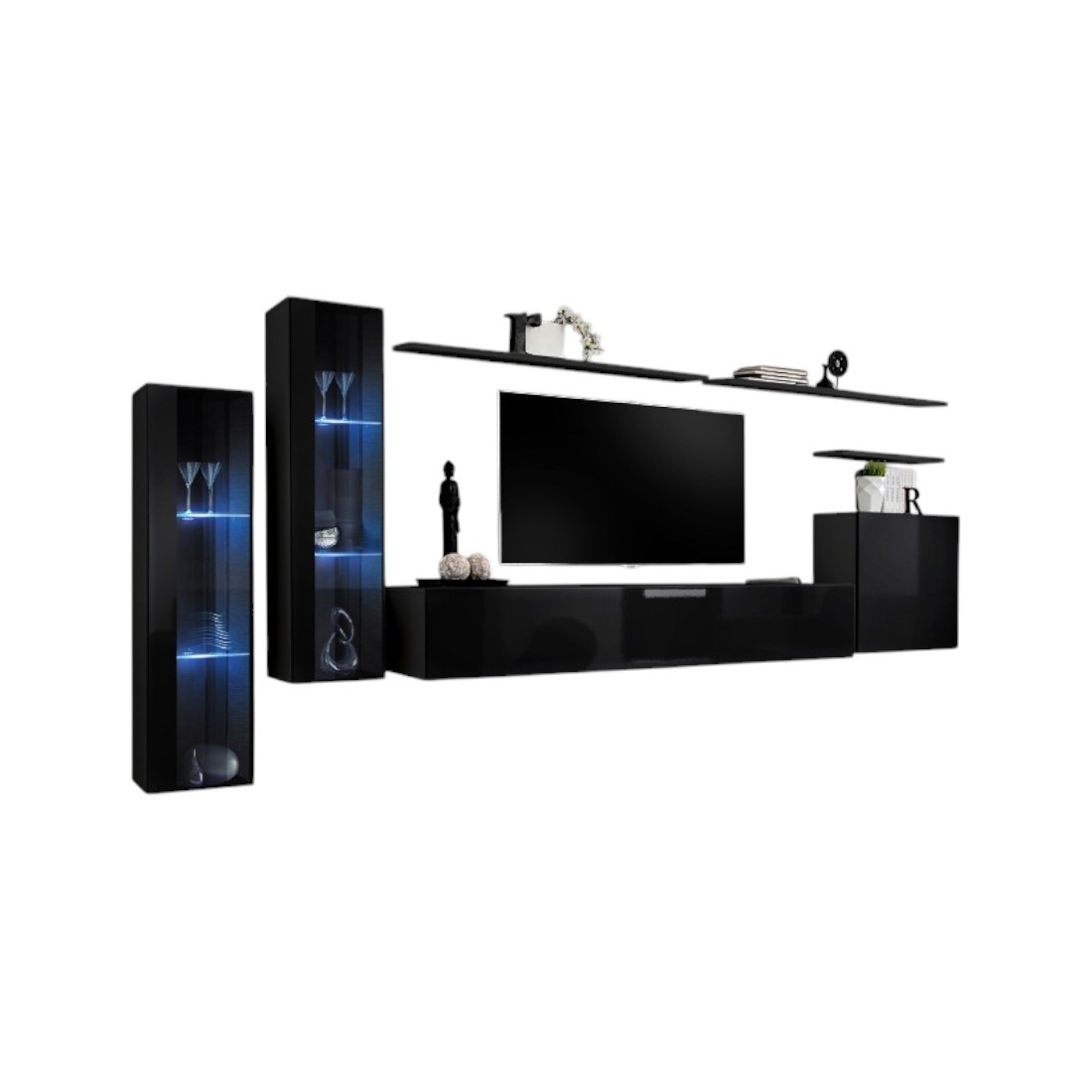 Ensemble meuble salon mural SWITCH XI design, coloris noir brillant.