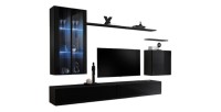 Ensemble meuble salon mural SWITCH XII design, coloris noir brillant.