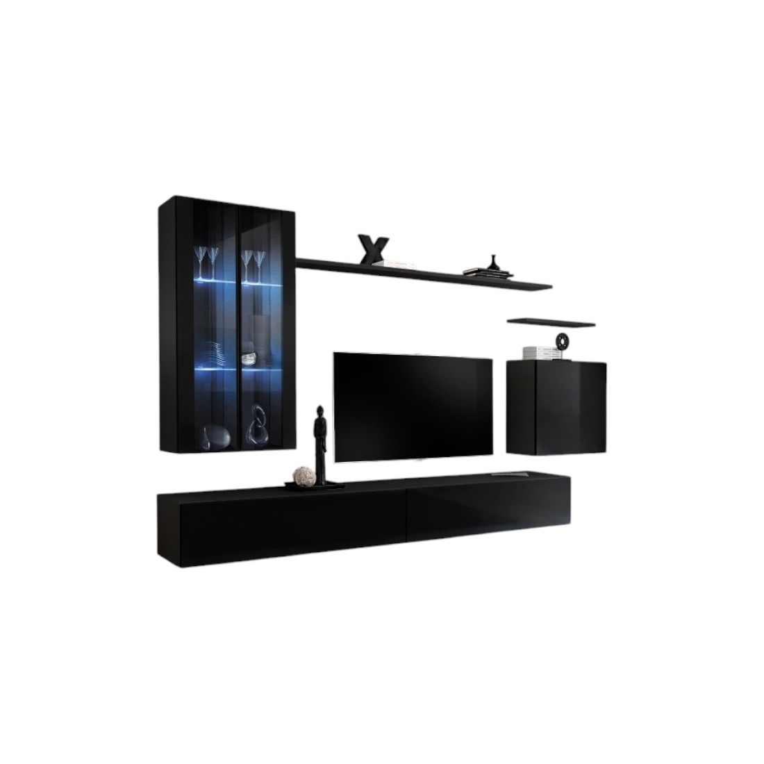 Ensemble meuble salon mural SWITCH XII design, coloris noir brillant.