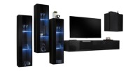 Ensemble meuble salon mural SWITCH XIII design, coloris noir brillant.