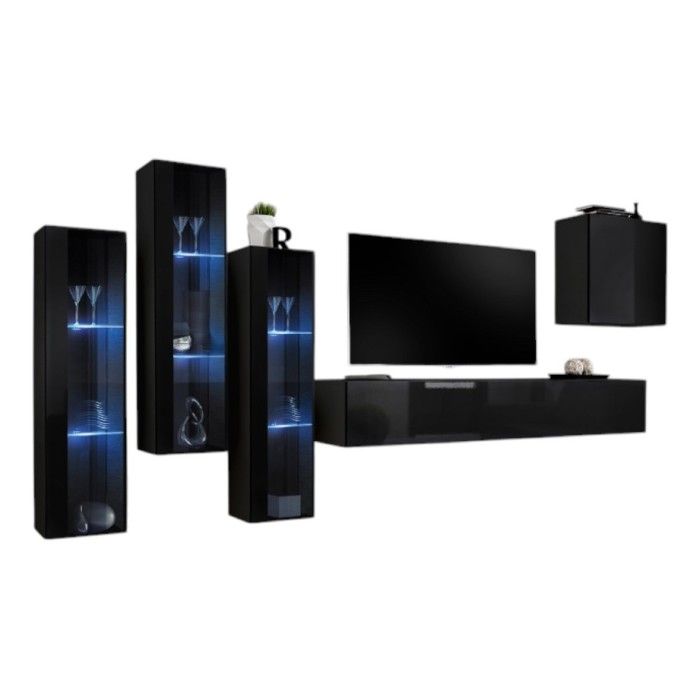 Ensemble meuble salon mural SWITCH XIII design, coloris noir brillant.