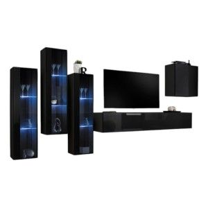 Ensemble meuble salon mural SWITCH XIII design, coloris noir brillant.