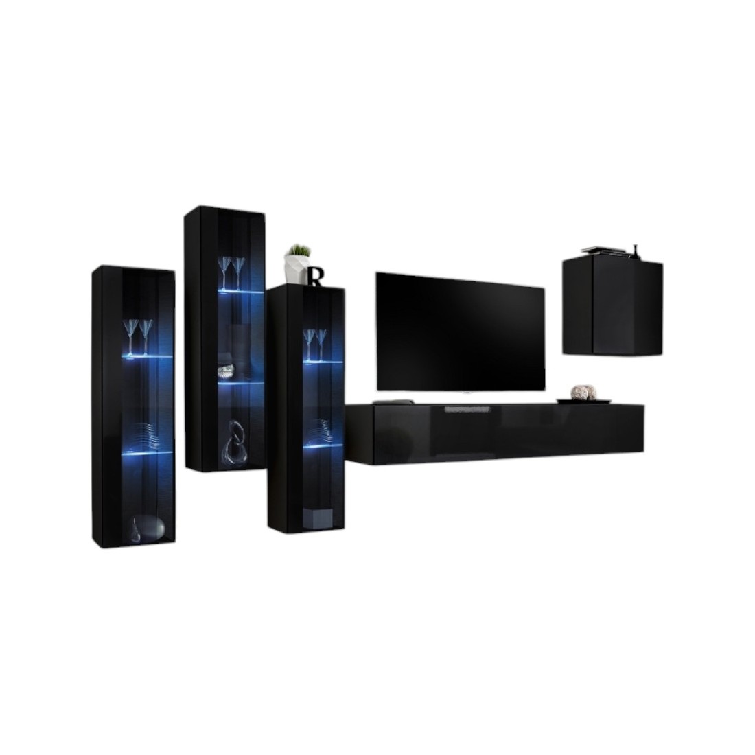 Ensemble meuble salon mural SWITCH XIII design, coloris noir brillant.