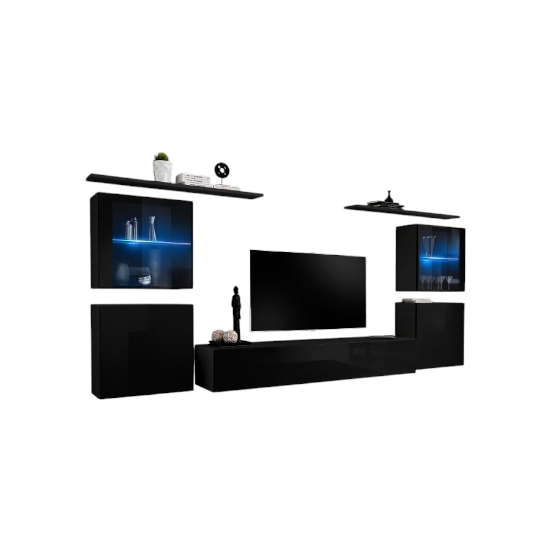 Ensemble meuble salon mural SWITCH XIV design, coloris noir brillant.