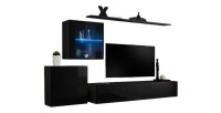 Ensemble meuble salon mural SWITCH XV design, coloris noir brillant.