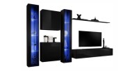Ensemble meuble salon mural SWITCH XVI design, coloris noir brillant.