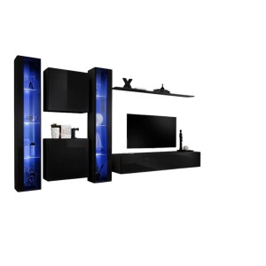 Ensemble meuble salon mural SWITCH XVI design, coloris noir brillant.