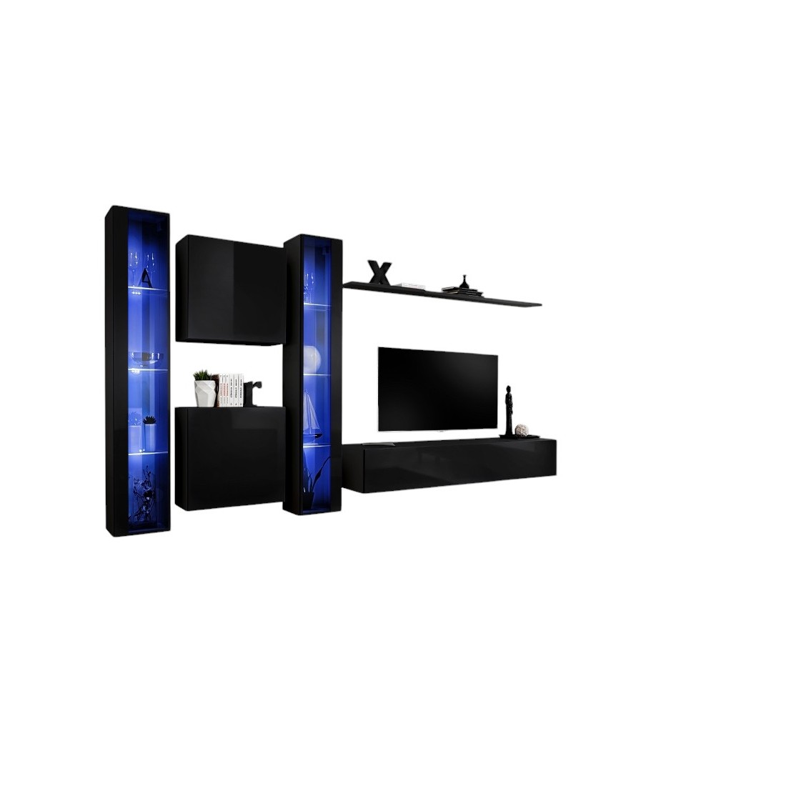 Ensemble meuble salon mural SWITCH XVI design, coloris noir brillant.