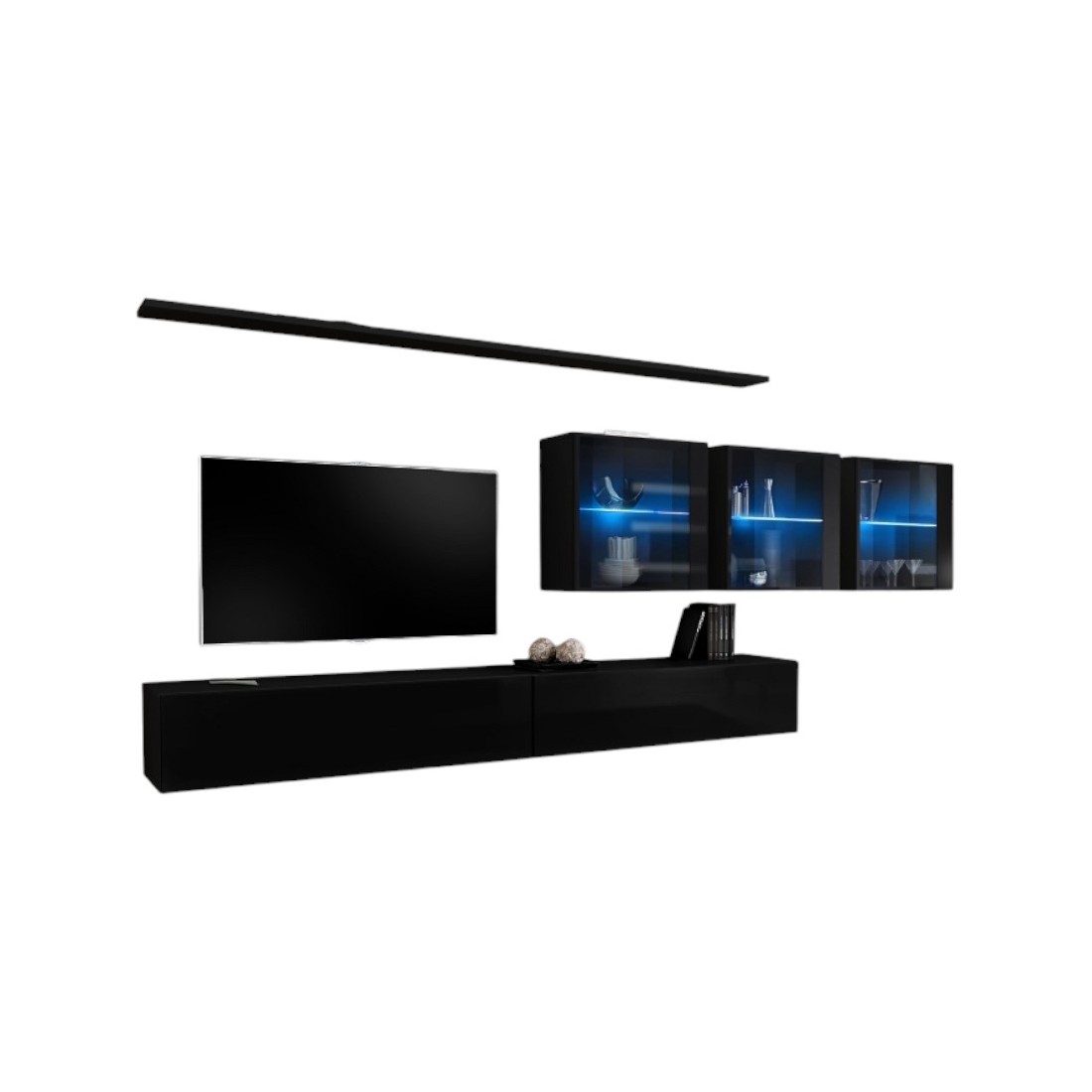Ensemble meuble salon mural SWITCH XVII design, coloris noir brillant.