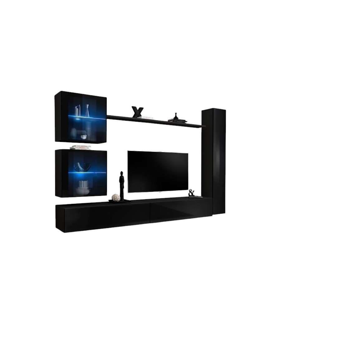 Ensemble meuble salon mural SWITCH XVIII design, coloris noir brillant.