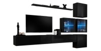 Ensemble meuble salon mural SWITCH XIX design, coloris noir brillant.