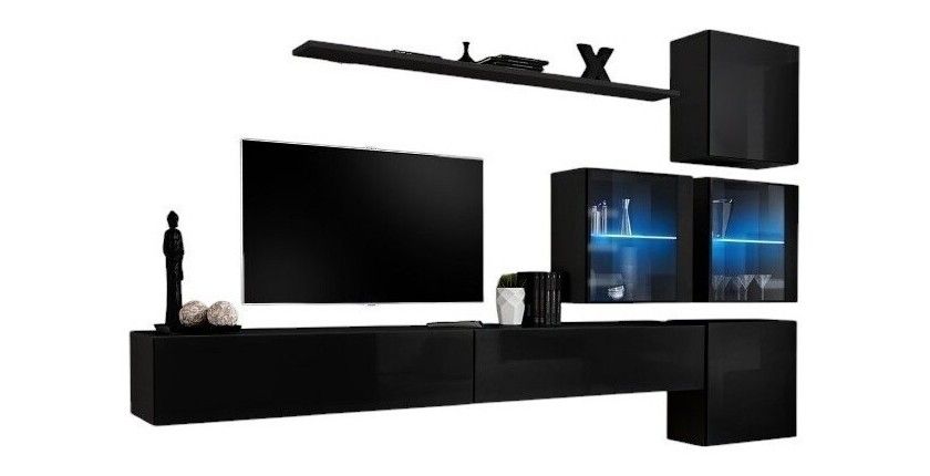 Ensemble meuble salon mural SWITCH XIX design, coloris noir brillant.