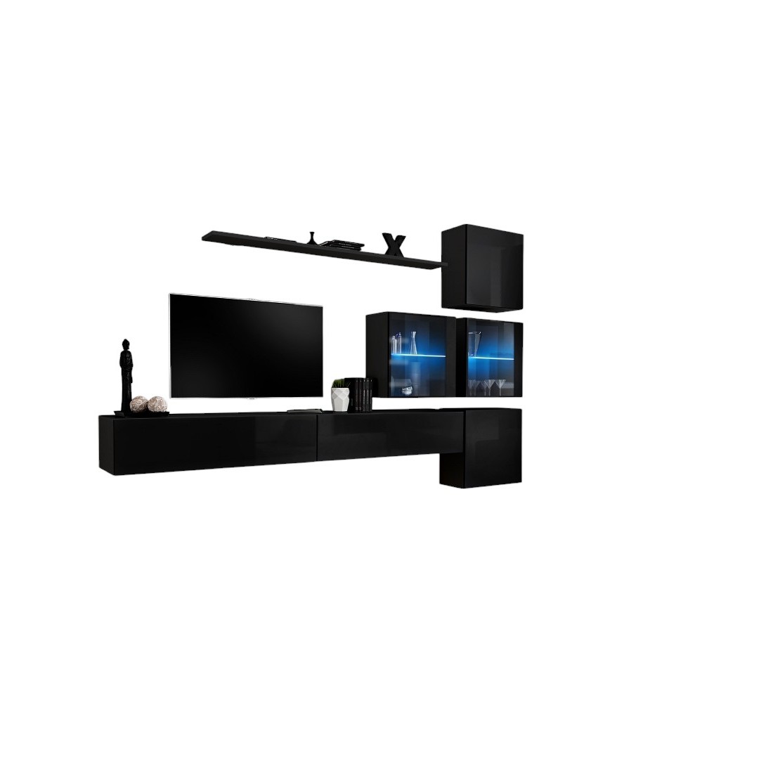 Ensemble meuble salon mural SWITCH XIX design, coloris noir brillant.