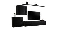 Ensemble meuble salon mural SWITCH V design, coloris noir brillant.