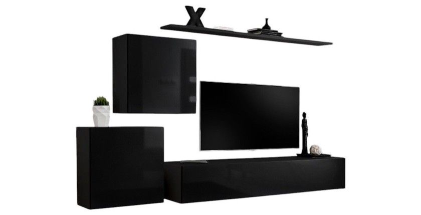 Ensemble meuble salon mural SWITCH V design, coloris noir brillant.