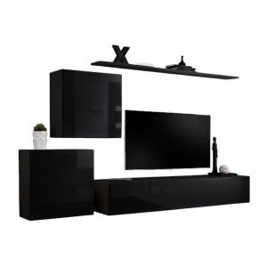 Ensemble meuble salon mural SWITCH V design, coloris noir brillant.