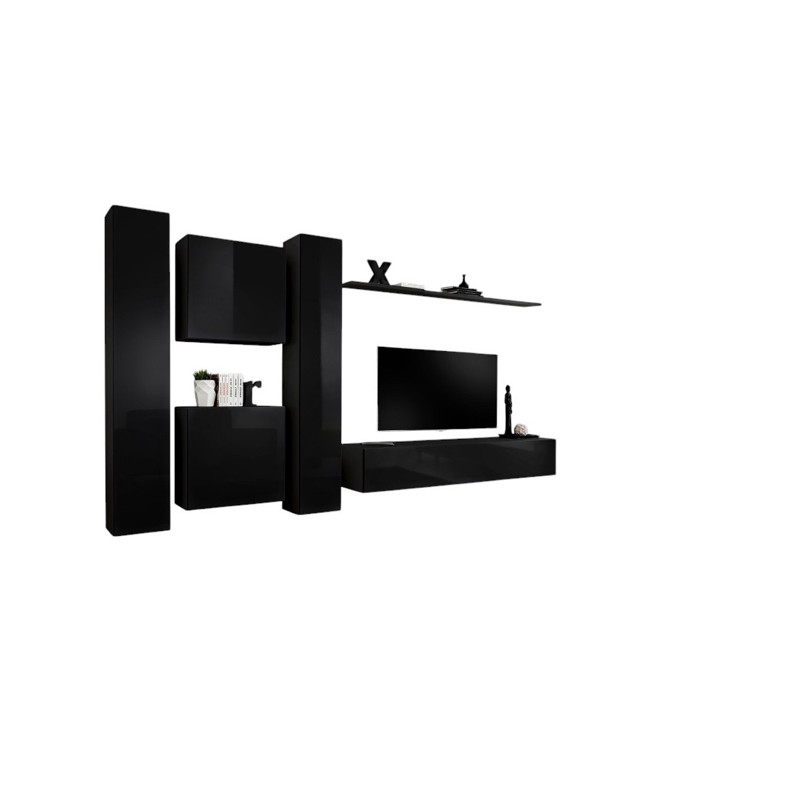 Ensemble meuble salon SWITCH VI design, coloris noir brillant.