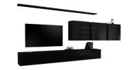 Ensemble meuble salon mural SWITCH VII design, coloris noir brillant.