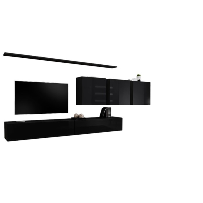 Ensemble meuble salon mural SWITCH VII design, coloris noir brillant.