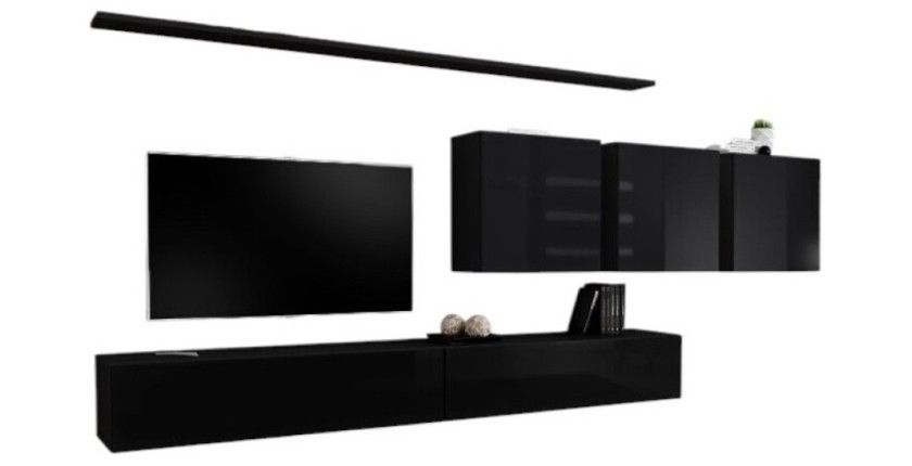 Ensemble meuble salon mural SWITCH VII design, coloris noir brillant.