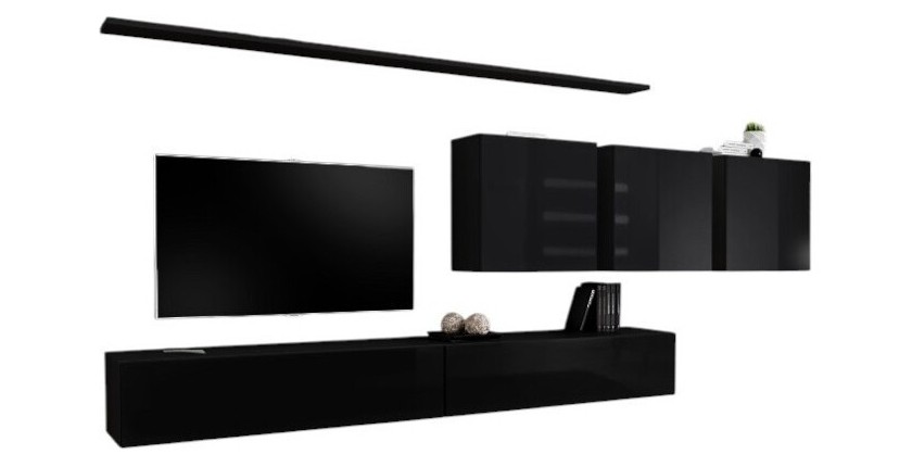 Ensemble meuble salon mural SWITCH VII design, coloris noir brillant.