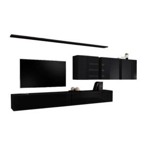 Ensemble meuble salon mural SWITCH VII design, coloris noir brillant.
