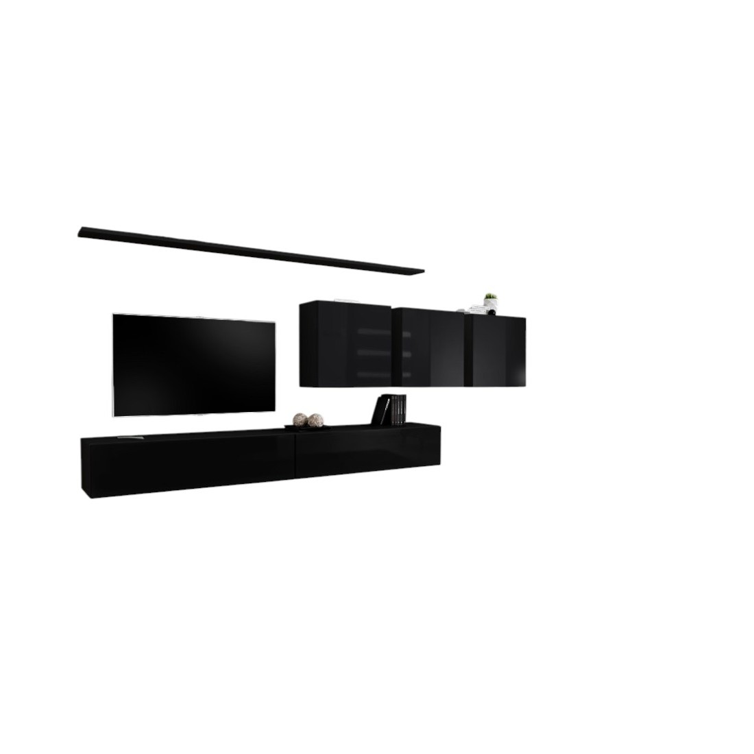 Ensemble meuble salon mural SWITCH VII design, coloris noir brillant.