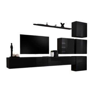 Ensemble meuble salon mural SWITCH IX design, coloris noir brillant.